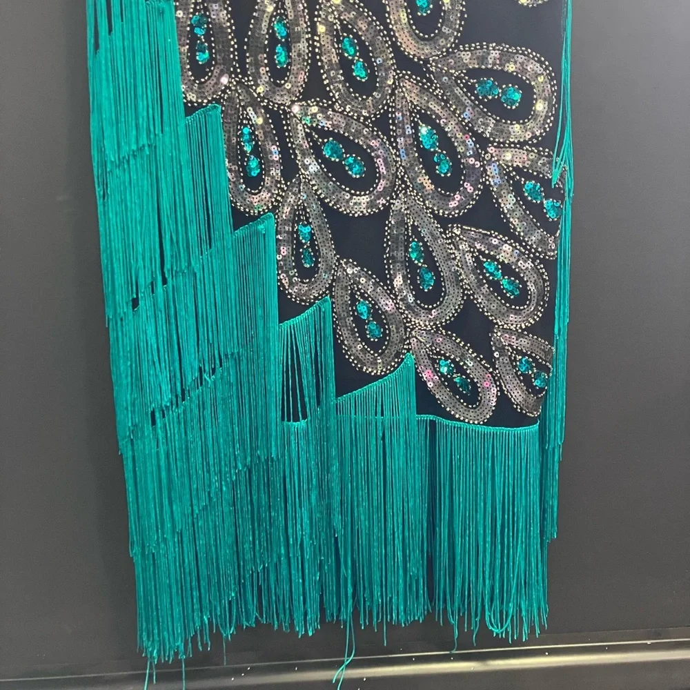BabeYond black green and Silver peacock embroidered fringe flapper dress XL - Picture 13 of 15